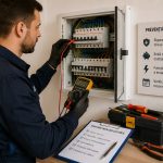 Verificări și întreținere pentru instalația electrică – prevenția costă mai puțin Electrician care verifică instalația electrică și tabloul de siguranțe