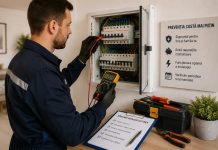 Verificări și întreținere pentru instalația electrică – prevenția costă mai puțin Electrician care verifică instalația electrică și tabloul de siguranțe